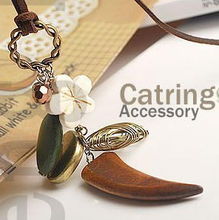 韩网热销波西米亚风木质牛角项链——毛衣链现货特价促销